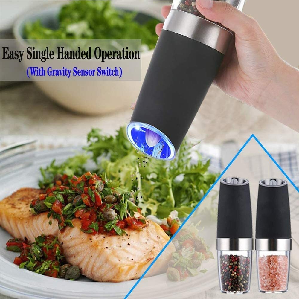 2PCS Electric Battery Salt Pepper Grinder Adjustable Shakers Automatic Stainless