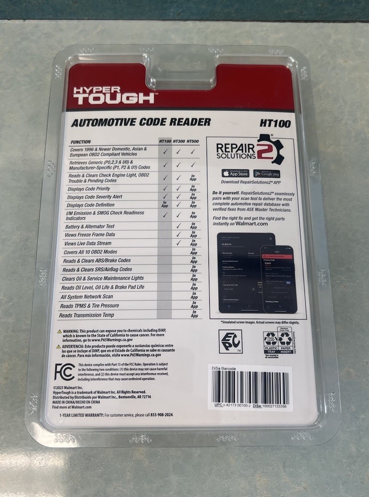 Hyper Tough HT100 Black Portable Bluetooth OBD2 Vehicles Automotive Code Reader