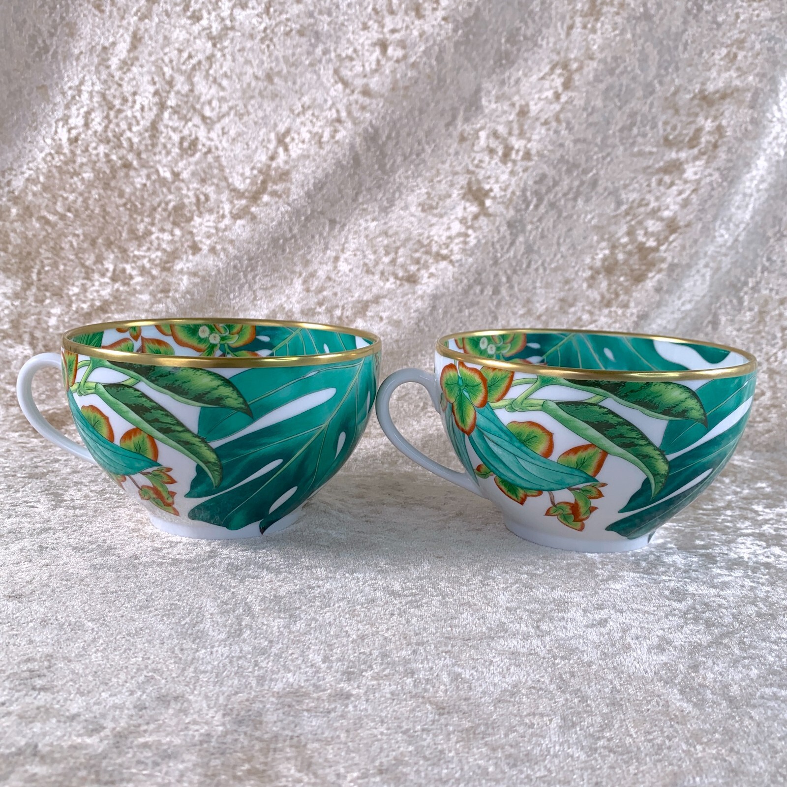 Hermes Large Breakfast Morning Soup Cup & Saucer Passifolia Porcelain 2 Sets