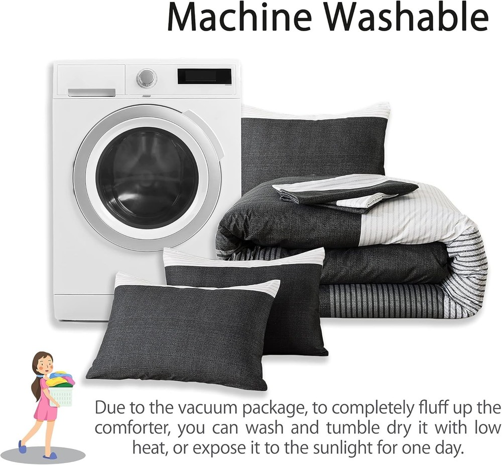 Full Size Comforter Set,3 Pieces Black White Gray Patchwork Striped