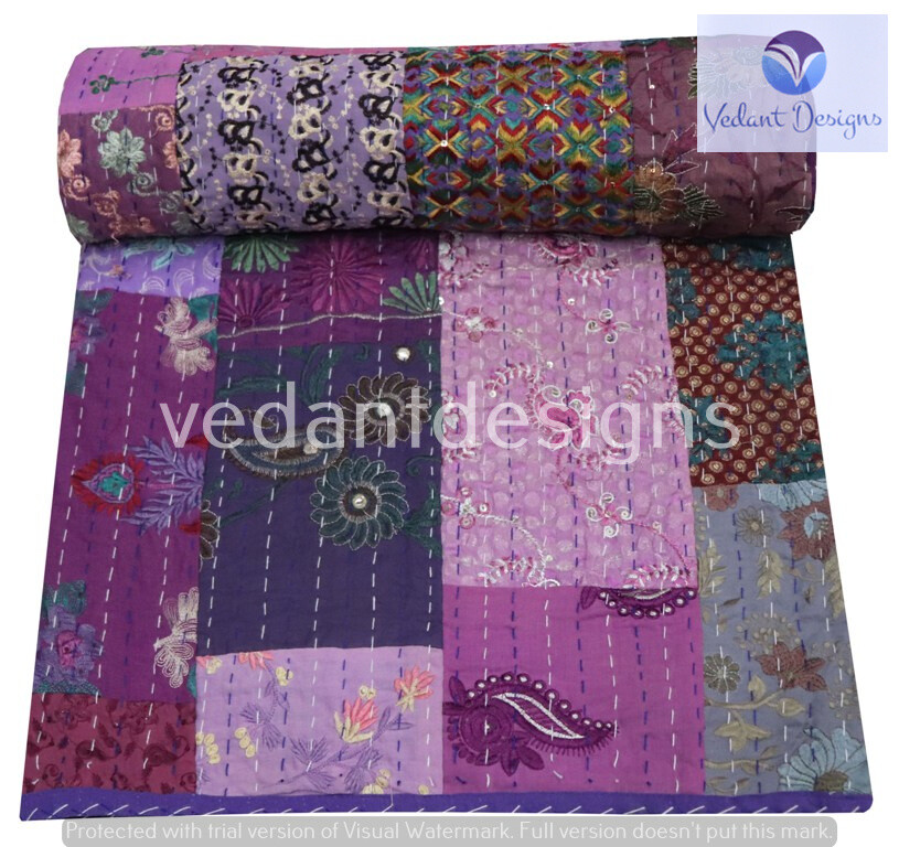 Handmade Patchwork Kantha Quilt Reversible Bedspread Double Cotton Coverlet
