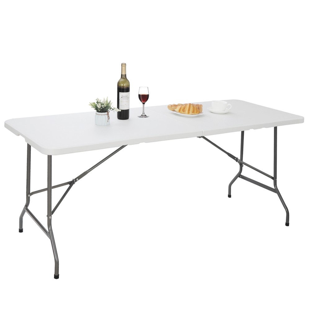 6' Plastic Table Fold-in-Half Picnic Utility Table w/ Handle Multipurpose White