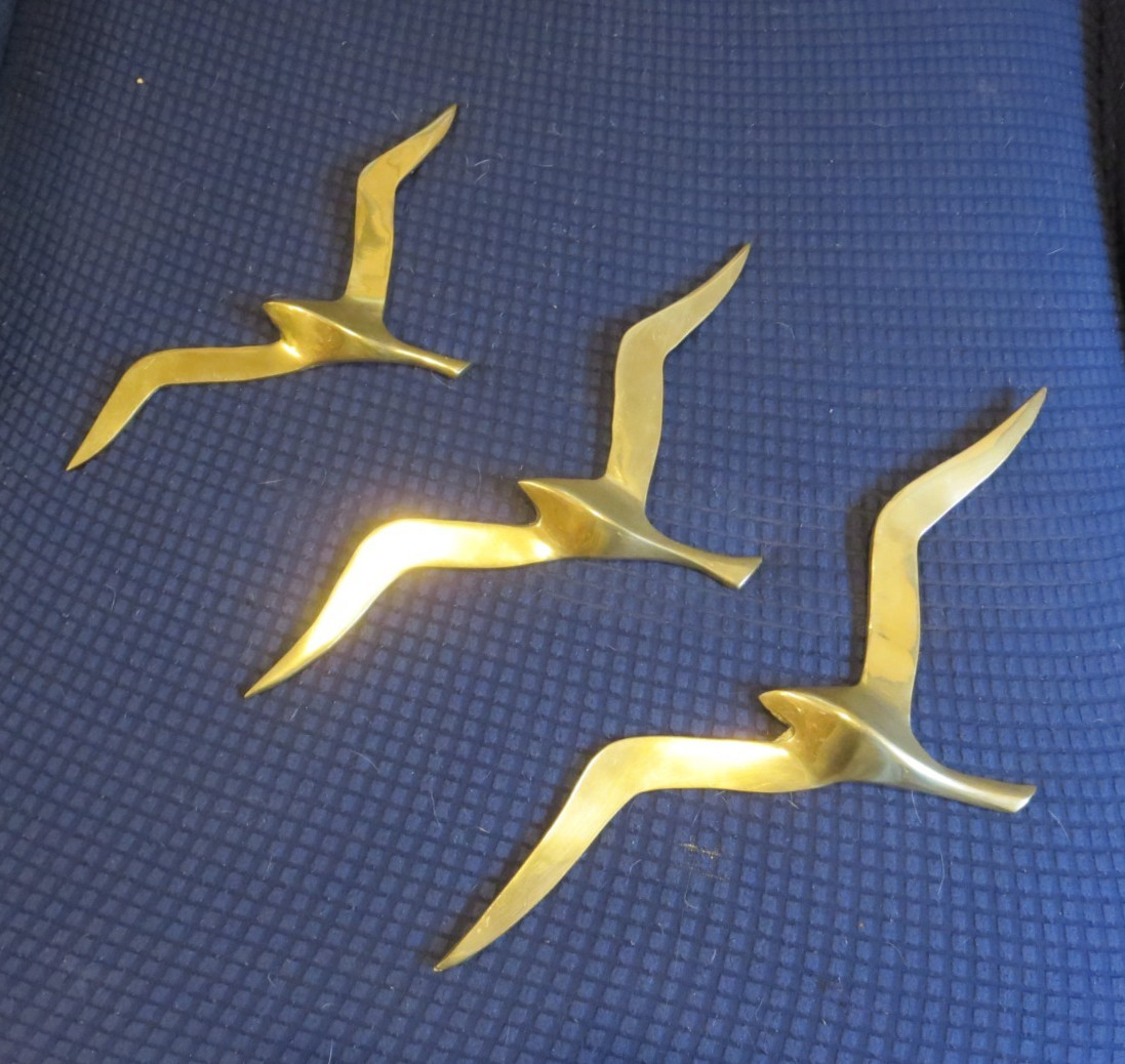Set of 3 Vintage MCM Brass Metal Flying Seagull Wall Art /Hanging Birds Decor