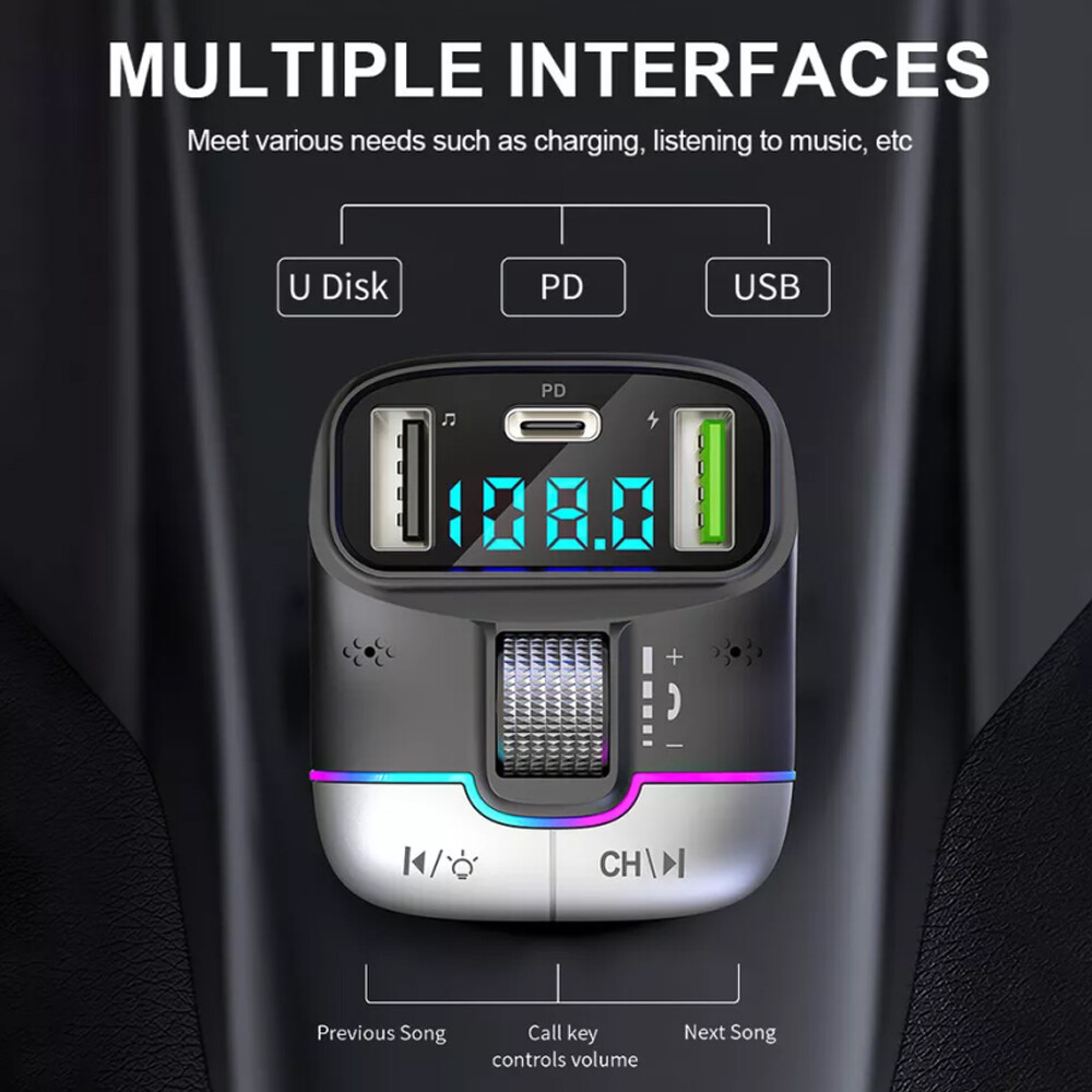 Car Bluetooth 5.3 FM Transmitter Wireless USB PD Adapter MP3 Player Fast Charger