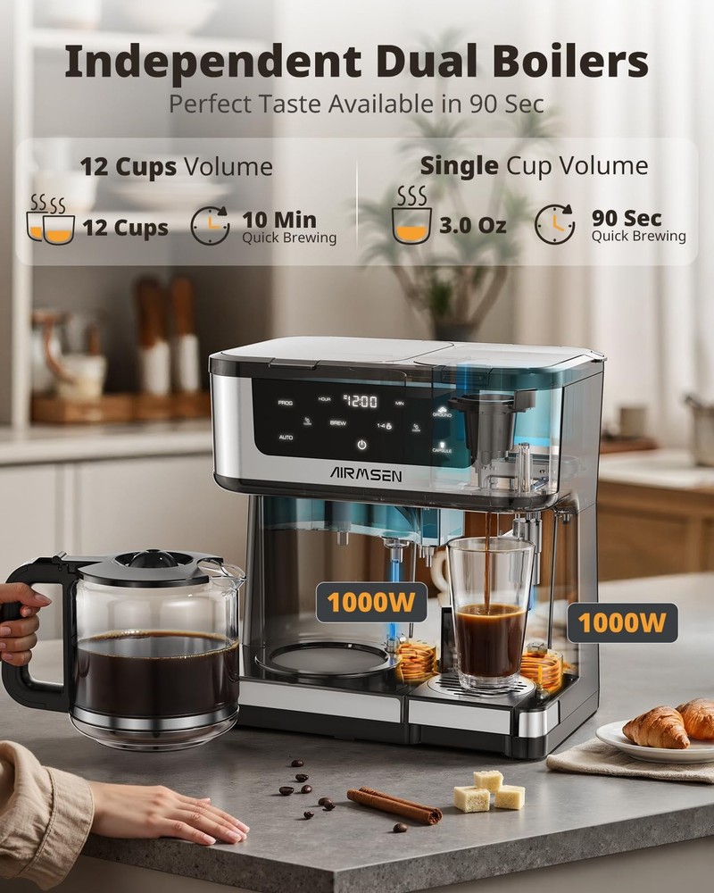 AIRMSEN 12-Cup Programmable Dual Coffee Maker – Single Serve Machine for K-Cu...