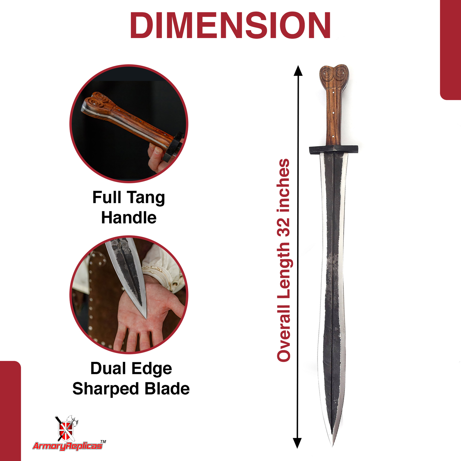 Authentic Greek Xiphos Sword Full Tang with Leather Sheath, for Collectors