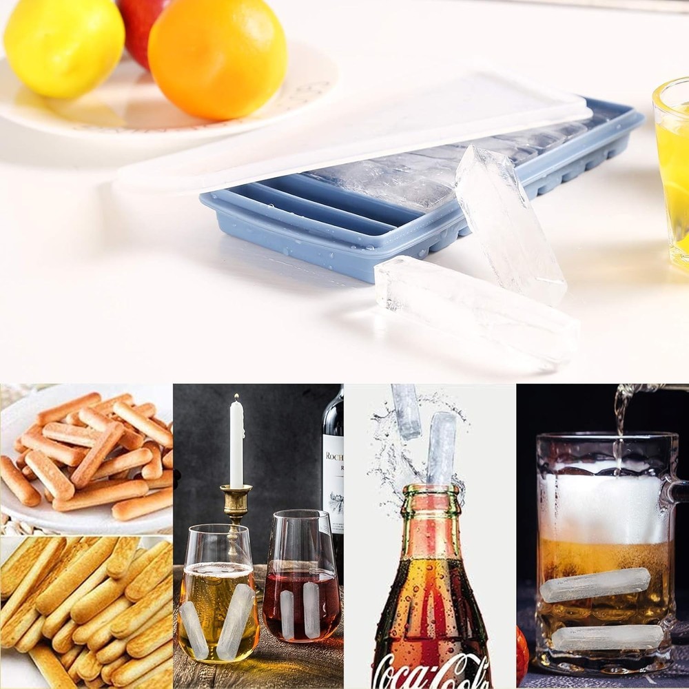 2 PCS Ice Cube Tray, Long Ice Stick Tray Silicone with Lid, Rectangular Narro...