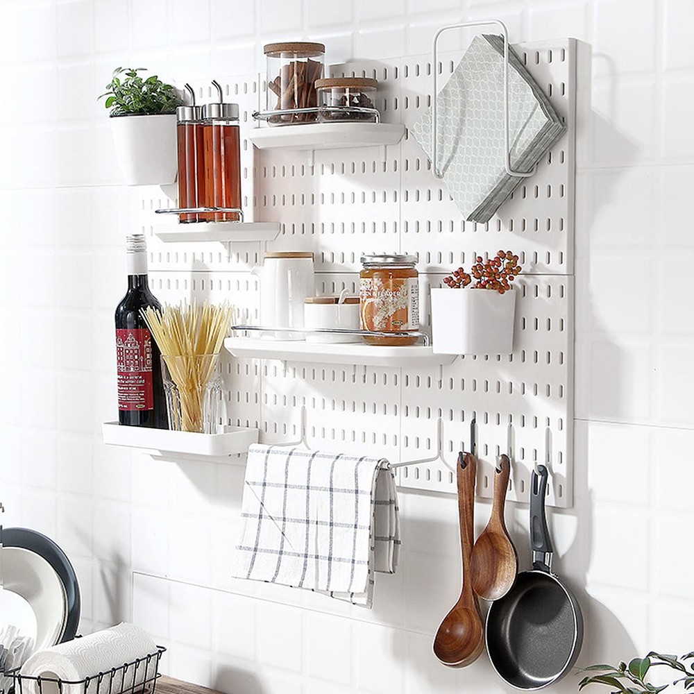 4 PCS White Pegboard Wall Organizer, Self-Adhesive Peg Board Wall Panel Kits ...