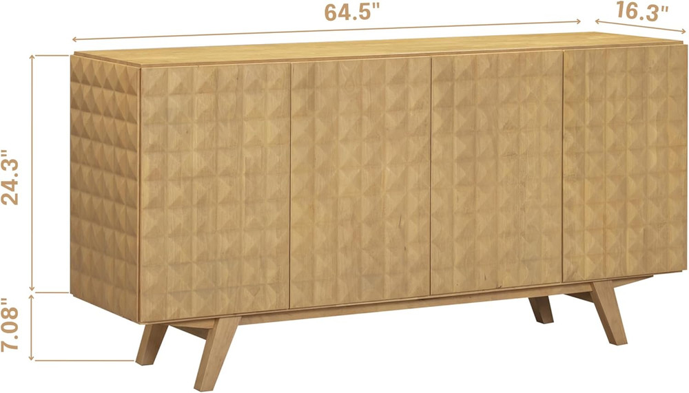 Mid-Century Modern Solid Wood Sideboard Buffet Cabinet with Geometric Fronts