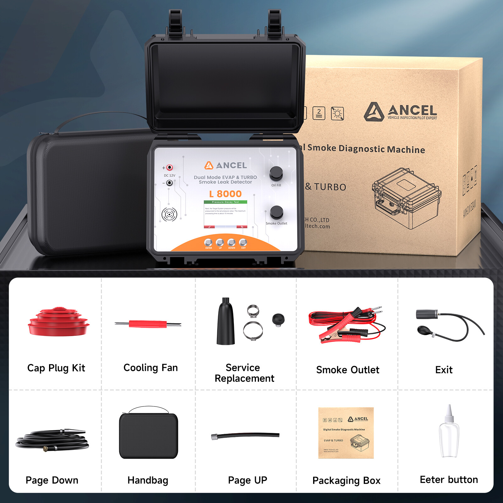 ANCEL L8000 Automotive EVAP Smoke Machine & Turbo System Dual Mode LCD Screen