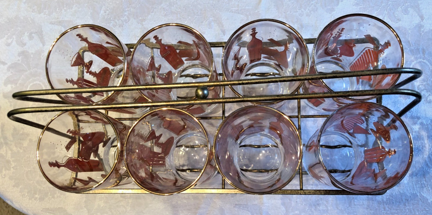 MCM Gay Fad Bordeaux Barware Highball Glasses 5.5” Set Of 8 in Carrier Caddy