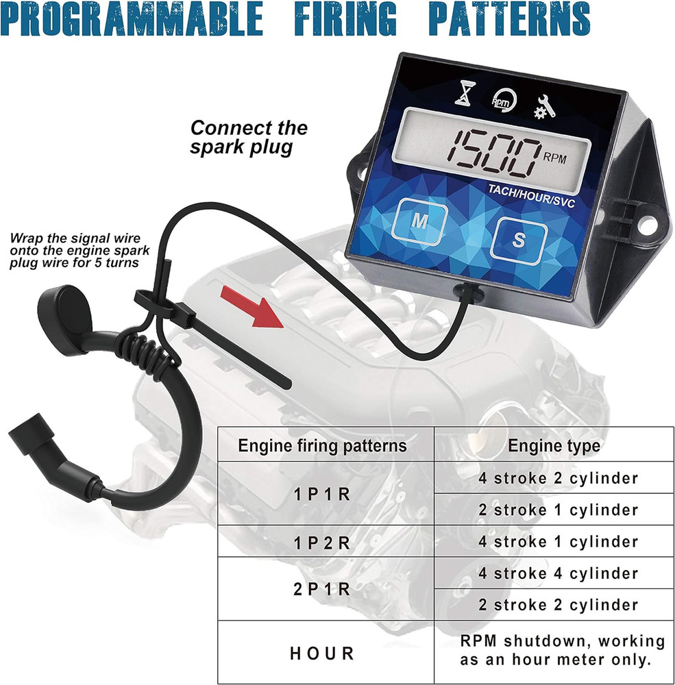 Small Engine Hour Meter, Digital Tachometer, Maintenance Reminder, Battery Repla