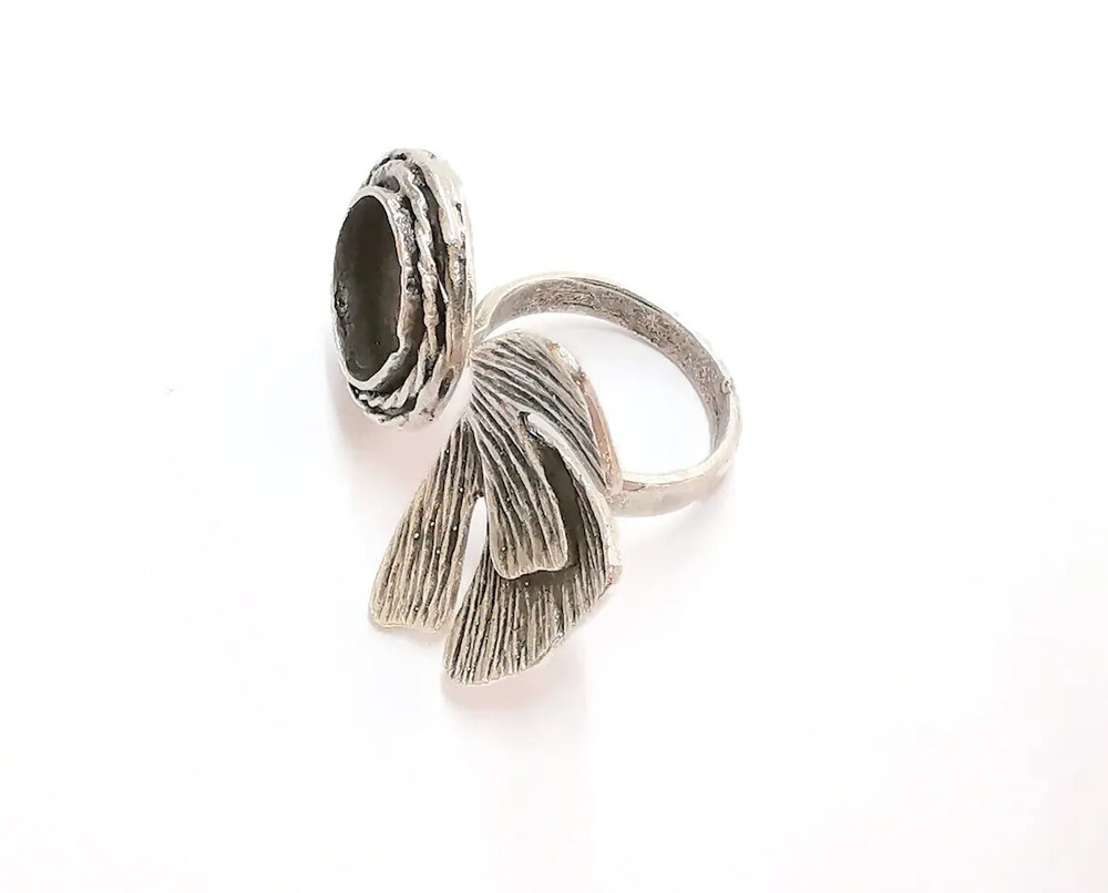 Flower Silver Ring Setting Blank Cabochon Ring Mounting Adjustable Brass G21098