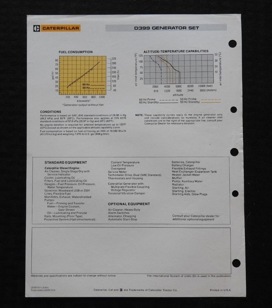1981 CATERPILLAR "D399 DIESEL ENGINE GENERATOR SET" SPECIFICATIONS BROCHURE