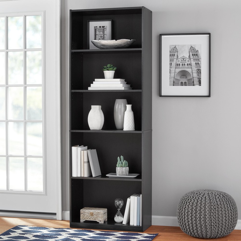 Five-shelf bookcase with adjustable shelves, solid black oak