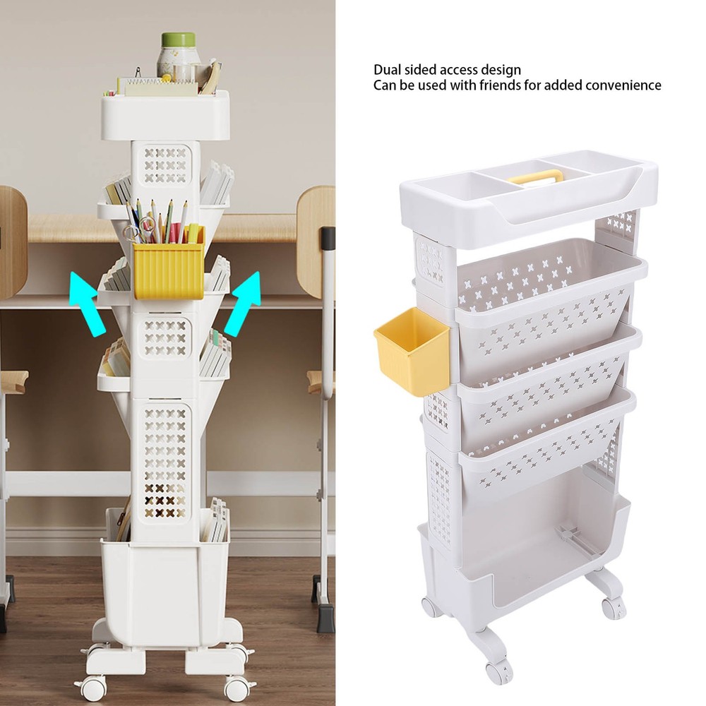 Rolling Book Cart 5 Tier PP Multi-Functional Movable Storage Book Rack Utility