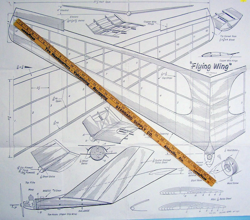 Air Trails FLYING WING PLAN & Patterns for a 55" Span Powered FF Model Airplane