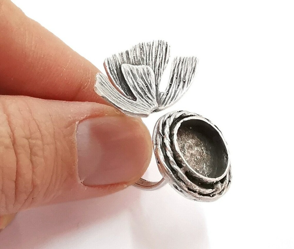 Flower Silver Ring Setting Blank Cabochon Ring Mounting Adjustable Brass G21098