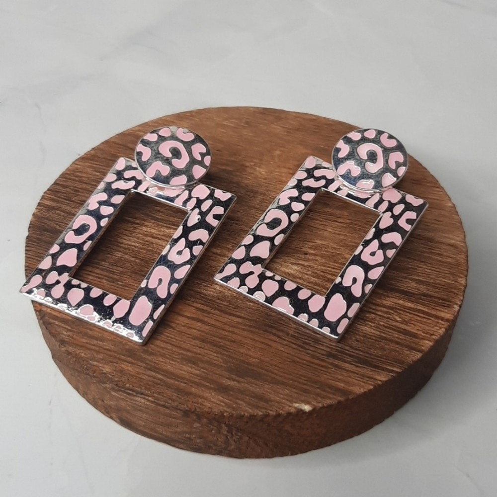 Pink and Silver Animal Print Geometric Dangle Earrings