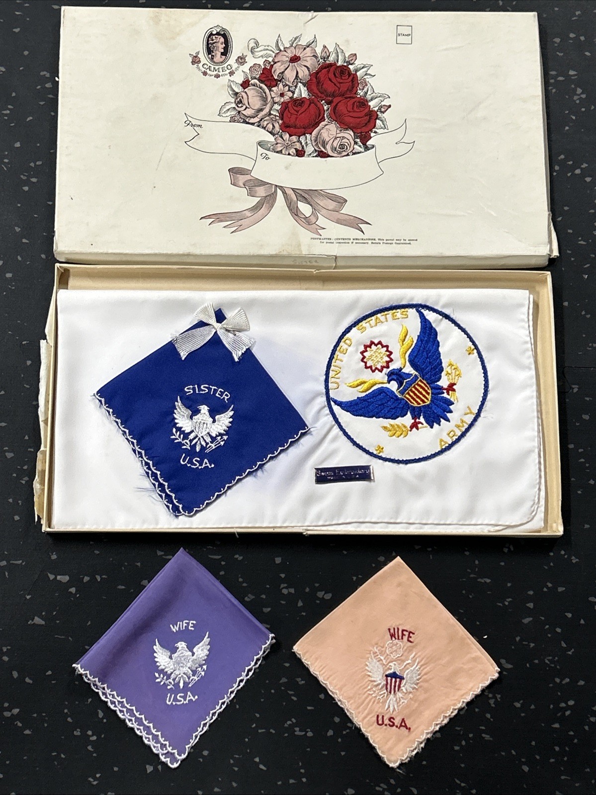WWII U.S. Army Victory Scarf & Handkerchief Sister Wife Cameo Box Embroidered