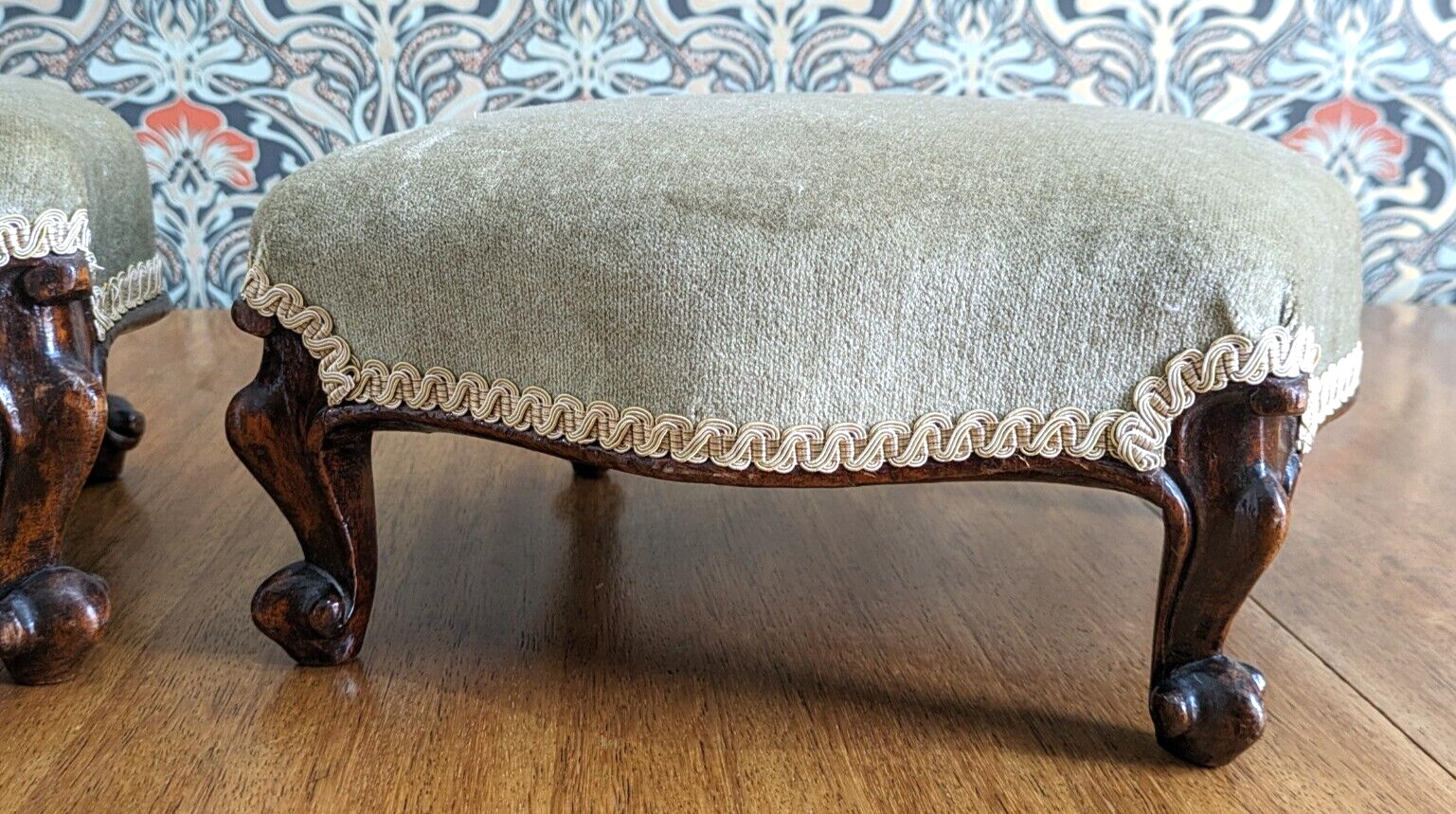 Pair of 19th Century Walnut Wood Cabriole Leg Green Footstools Victorian Antique