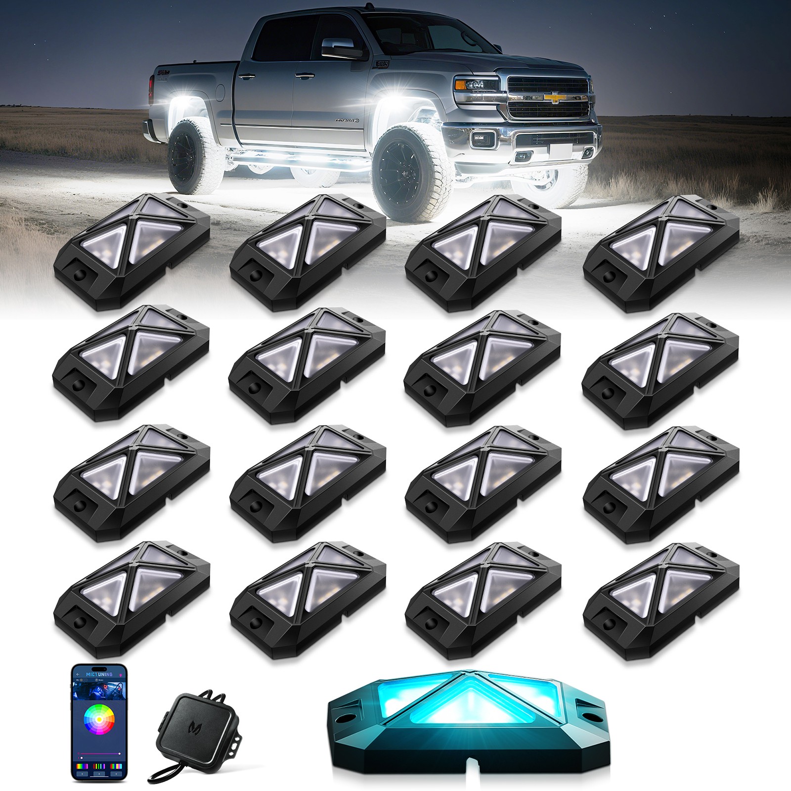 C4 16 Pods RGBW LED Rock Lights - 360º Bright Underglow Neon Accent Lighting Kit