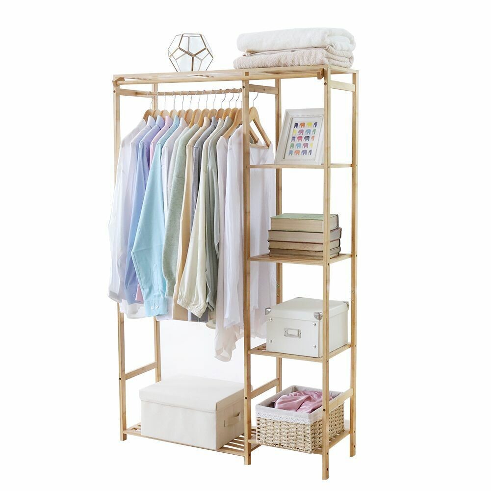 Extra Large Garment Rack Solid Bamboo Clothes Wardrobe Clothing Organizer Shelve