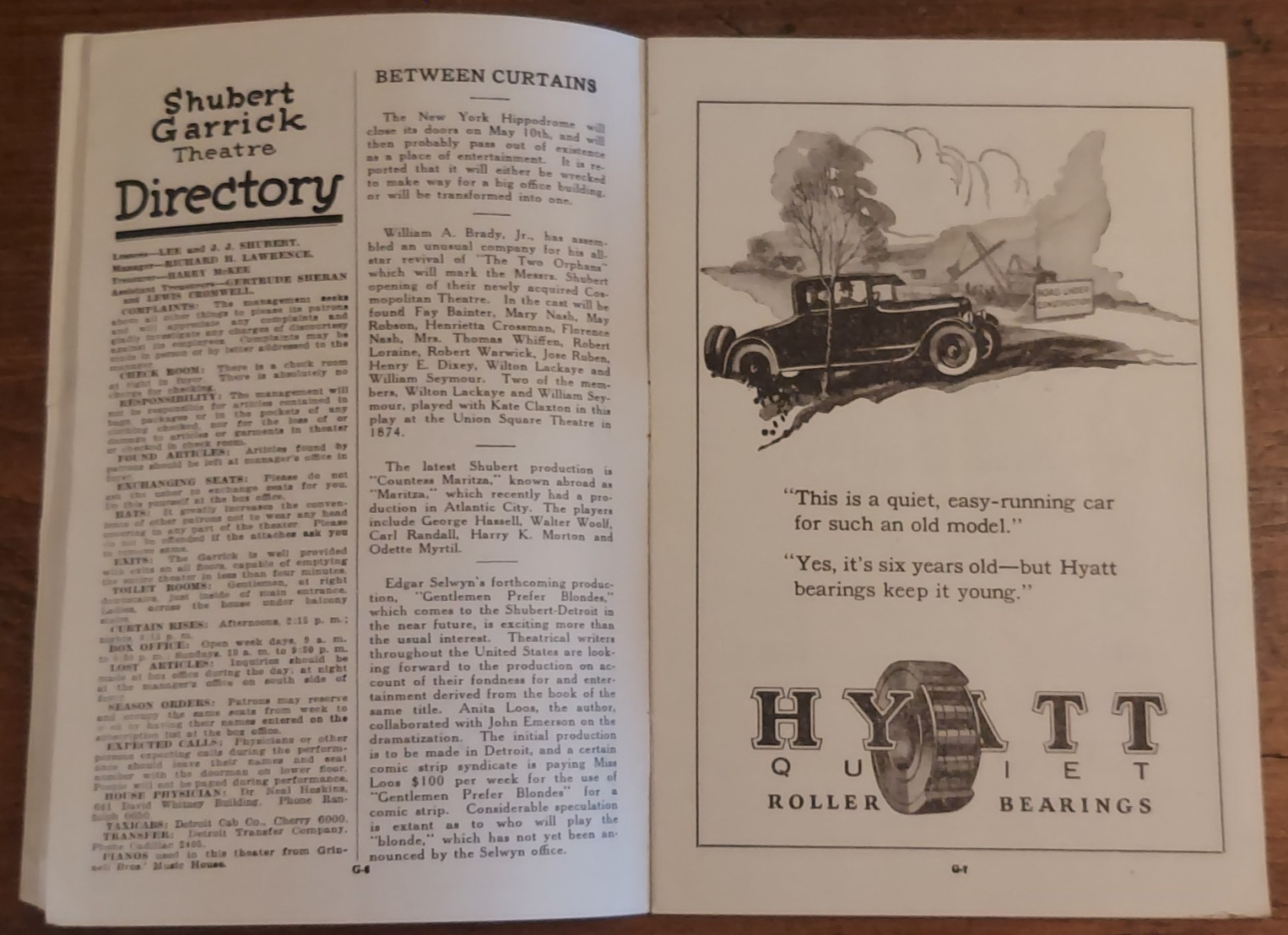 Vintage Garrick Shubert Theater Detroit 1926 Schedule Program w/ Advertising