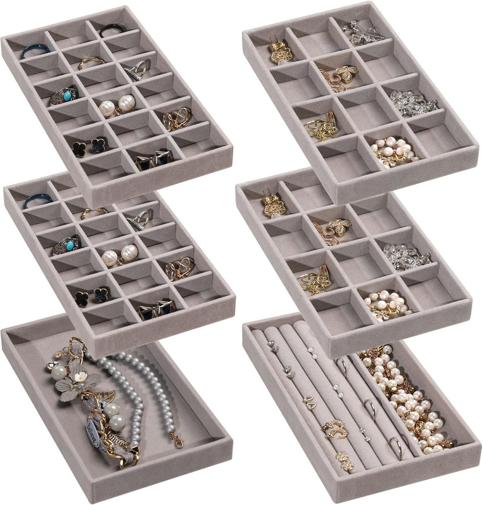 Stackable Velvet Jewelry Organizer Trays Drawer Inserts 6pcs Grey