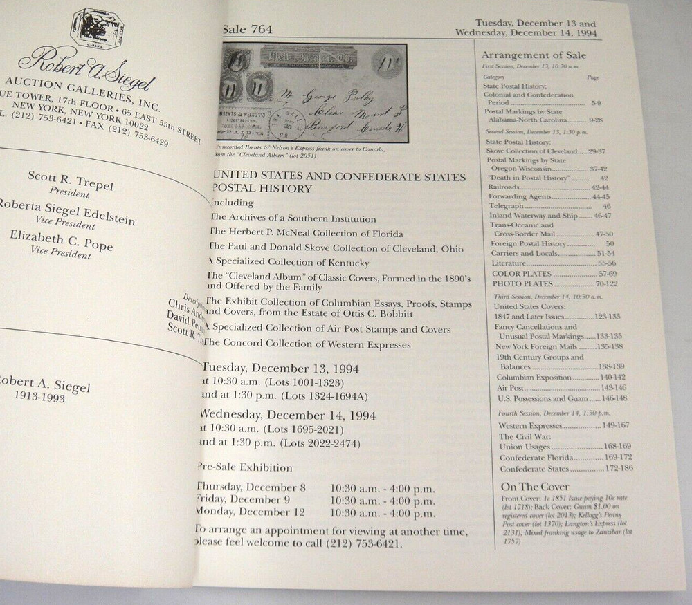 Siegel Auction Catalog 1994 w Prices Realized US Postal History Confederate