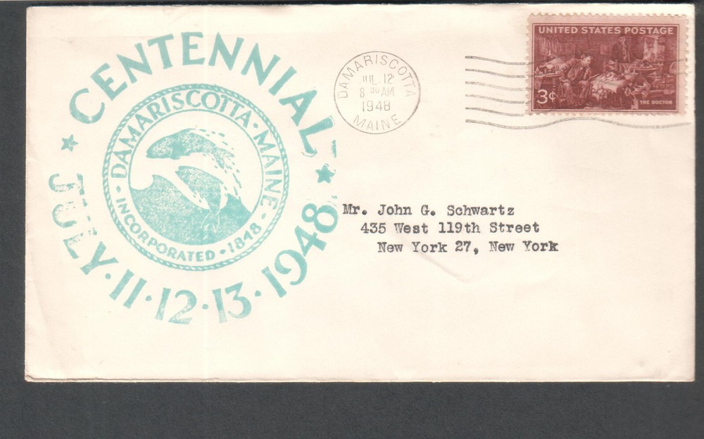 1948 cachet cover Damariscotta Maine centennial