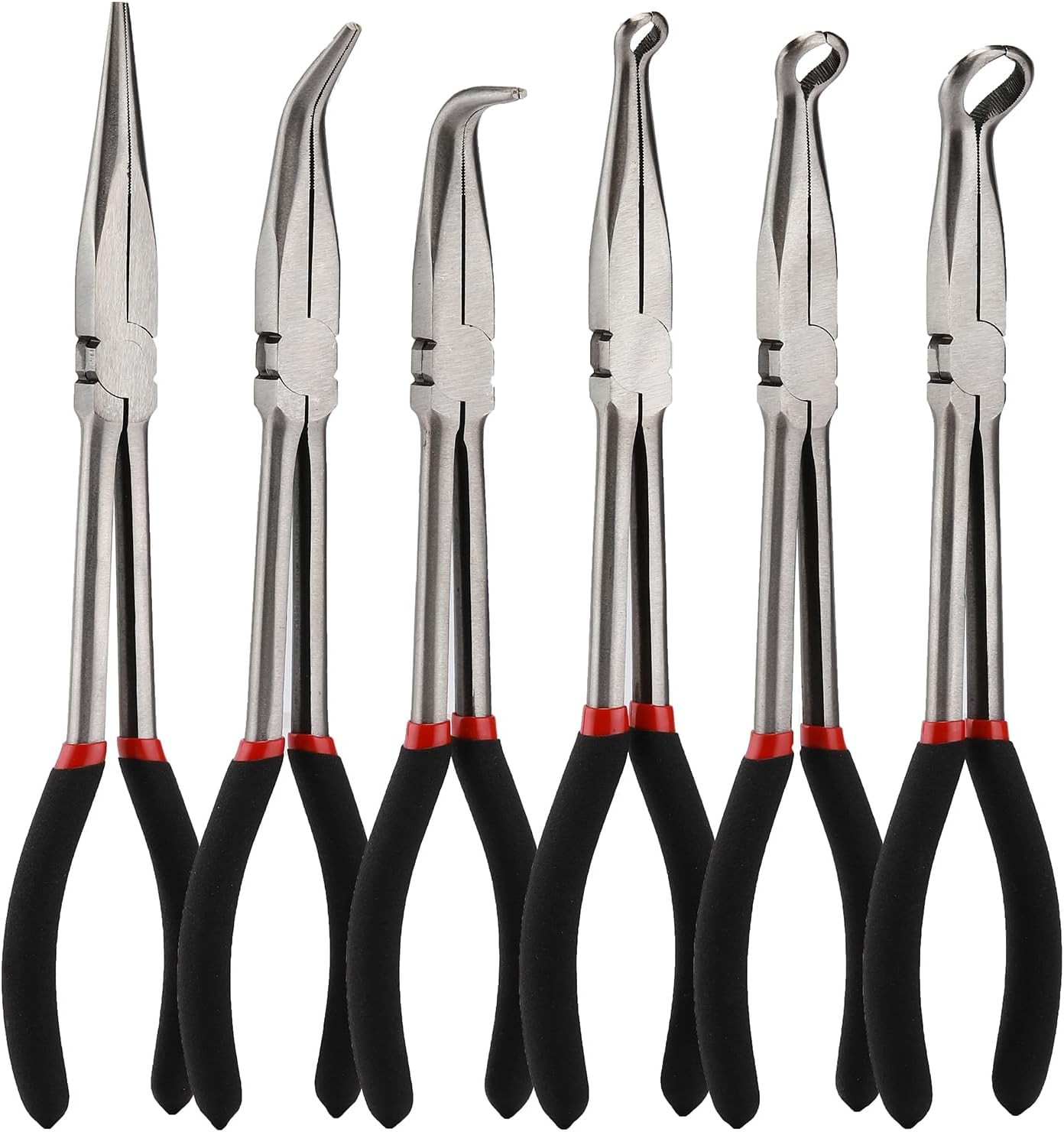 6PCS Extra Long Reach Pliers Set, 11" Straight, 45 and 90 Bent Nose, 5/16", 1/2"