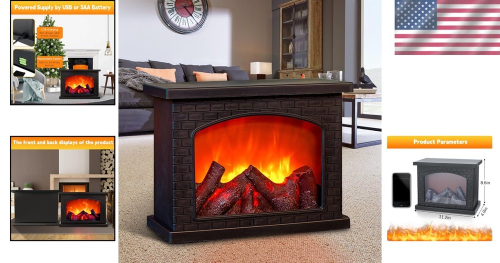 Chic Black Mini Fireplace with Realistic Flame Effect – Battery & USB Operated