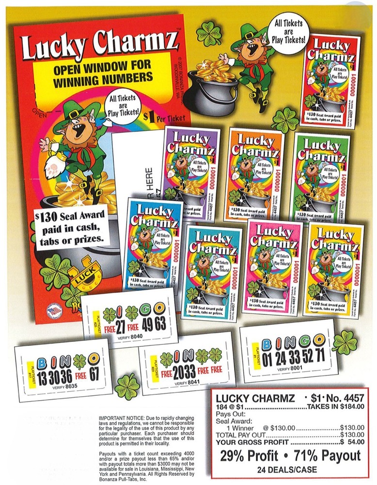 Pull Tab Ticket - Hard Card - Game - 5 Pack - Lucky Charmz - 184 ct ea