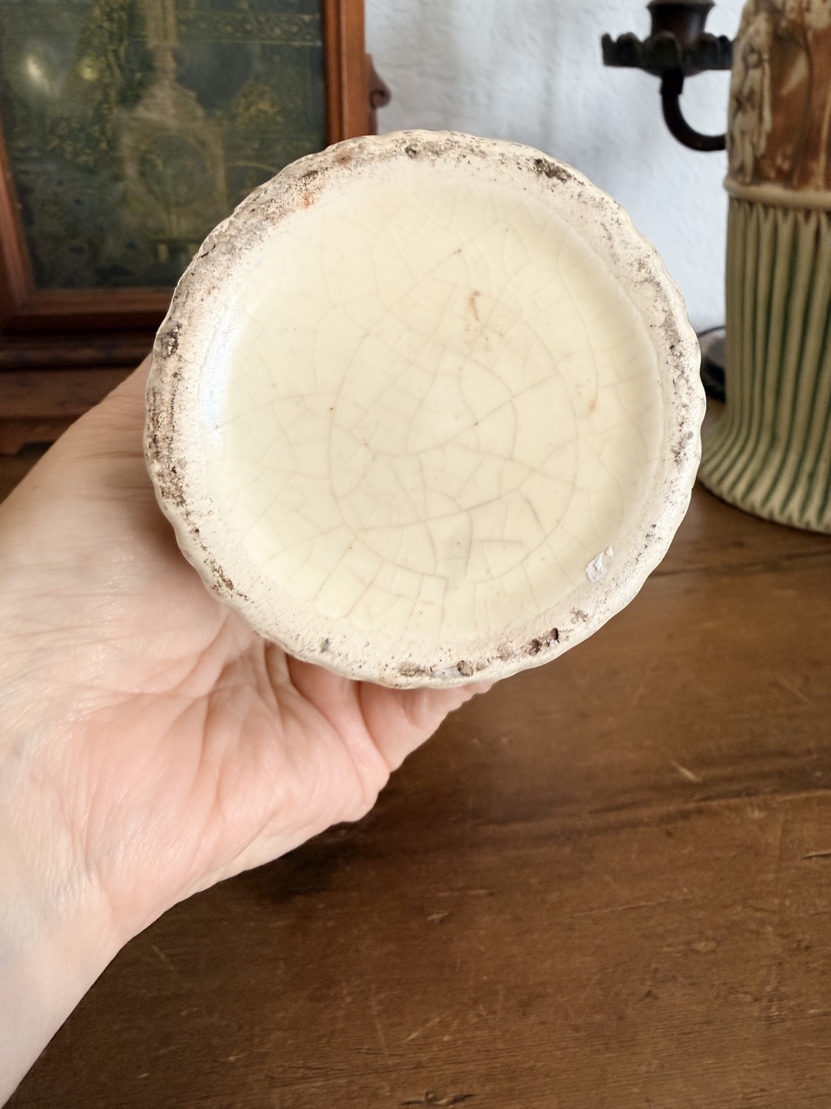 Pair Antique Roseville Donatello Cherub Bud Vases Green Art Pottery 1916