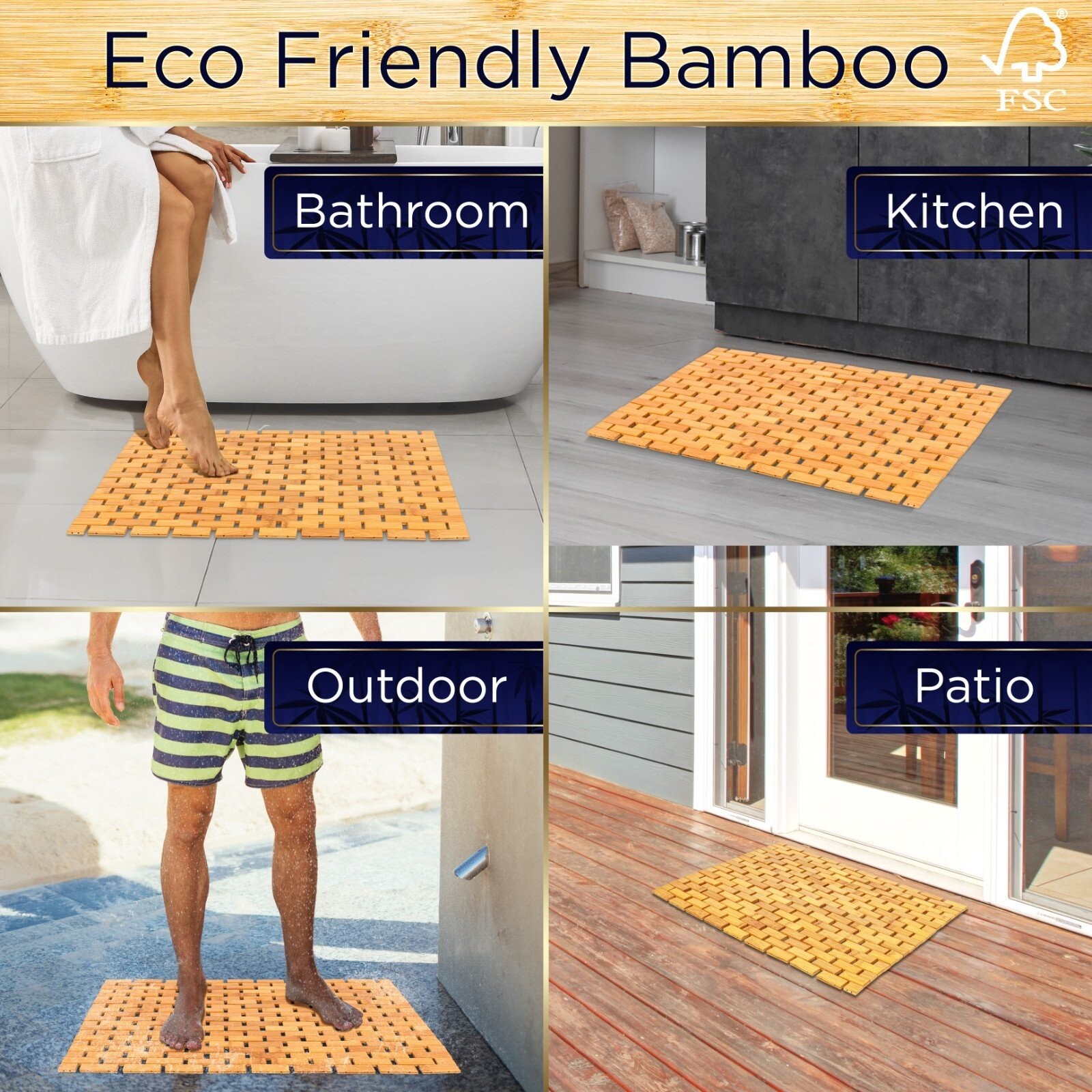 SereneLife Bamboo Floor Bath & Shower Mat with Extra Non-Slip Grips (Natural)