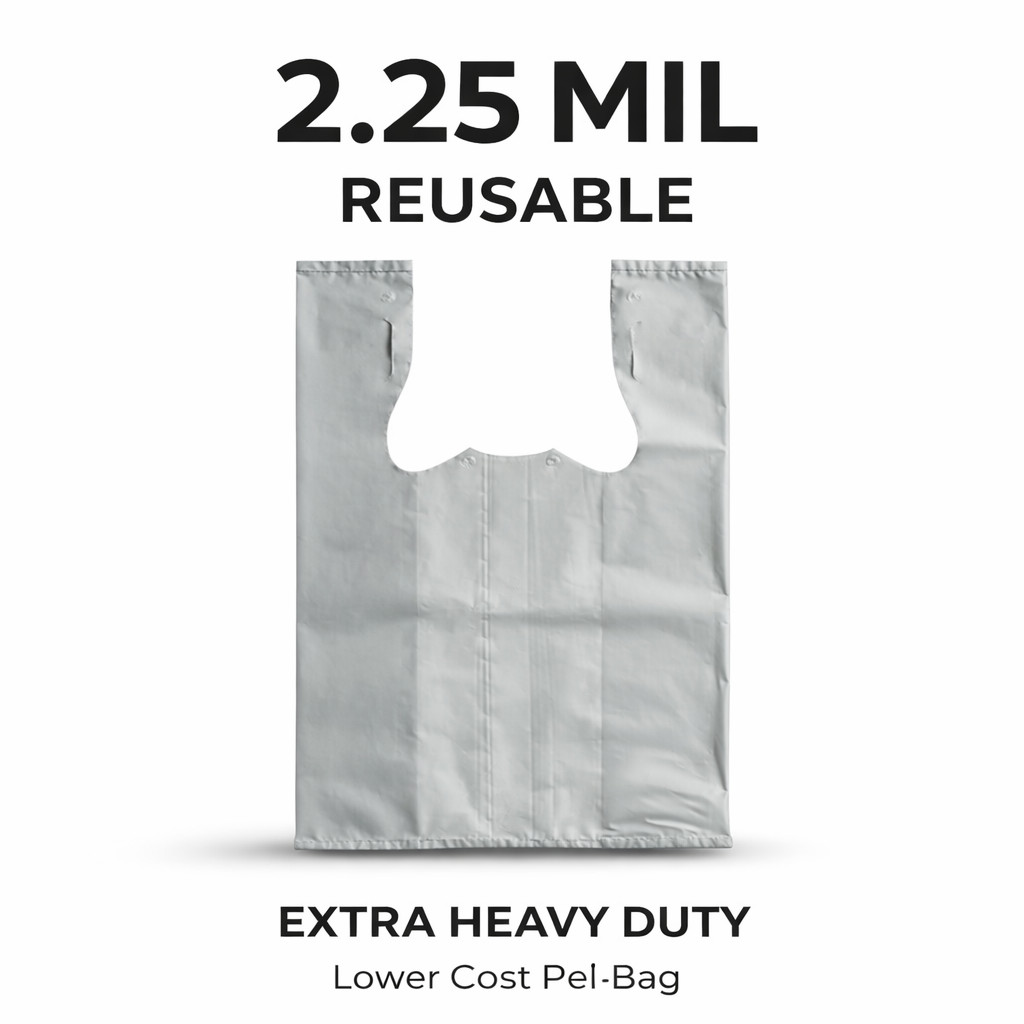 Gray Plastic Grocery T-Shirt Bags 12x7x20 2.25 Mil Reusable Extra Heavy Duty