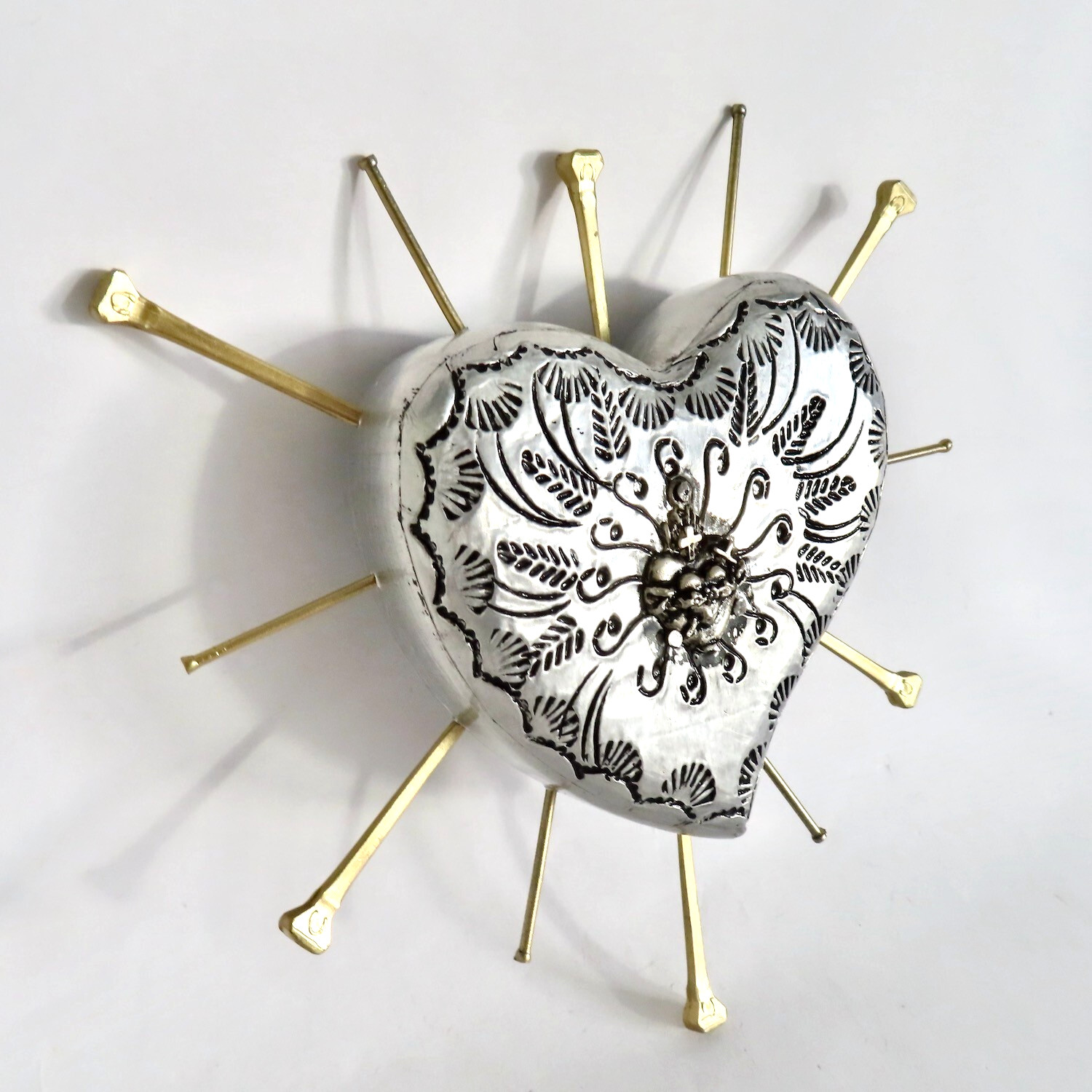Milagros Sacred Heart Nails Wood Silver Embossed Handmade Mexican Folk Art 6H