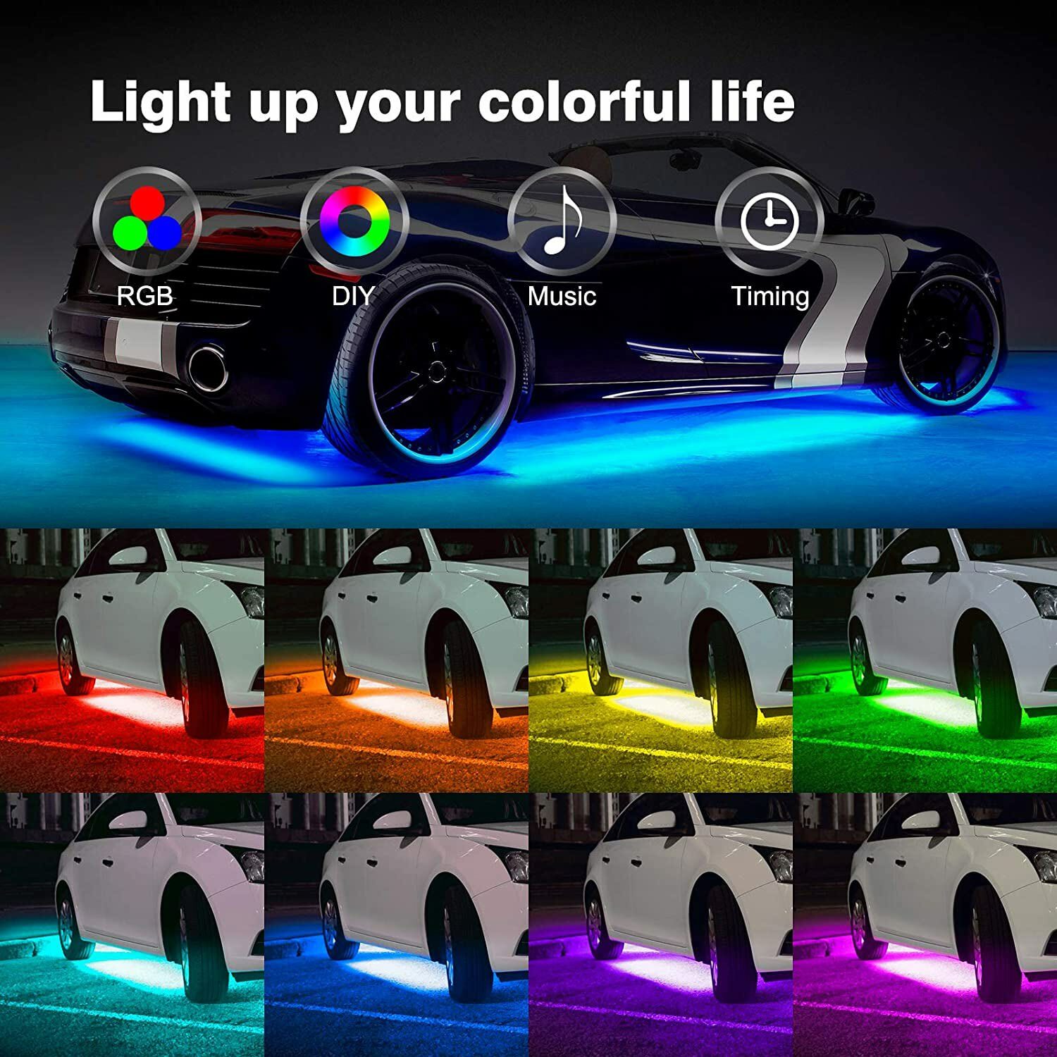 16 Million Color Car Truck Underglow Under Body Accent Glow Neon LED Lights Kit