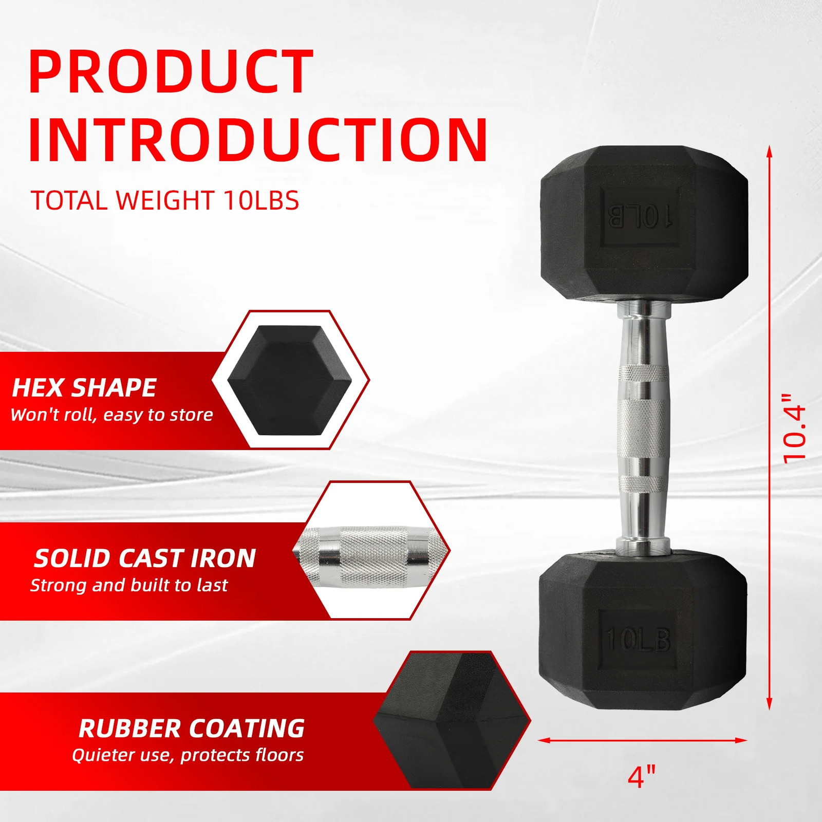 Rubber Encased Hex Dumbbell 10 lb Free Weight Anti Roll Strength Training