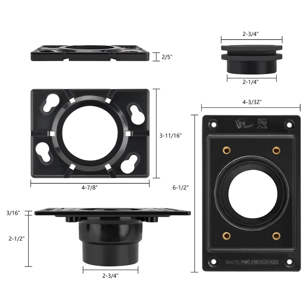ABS Rectangular Shower Drain Base Fits 2 or 3 Inch Pipe for Bathroom Floor