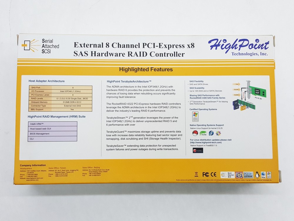 HIGHPOINT ROCKETRAID 4322 EXTERNAL 8-CH PCI-E x8 SAS RAID CONTROLLER NIB RETAIL