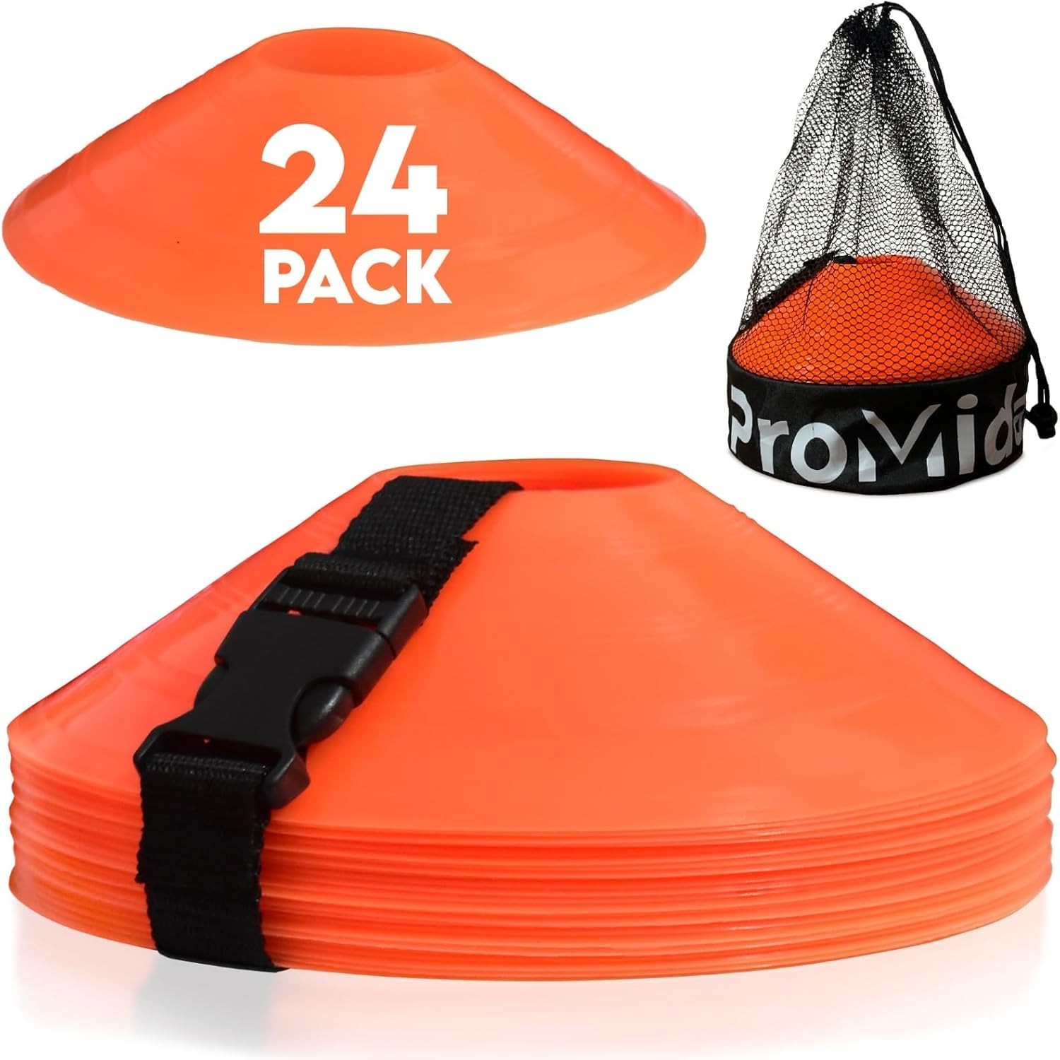 NEW / UNUSED ProMidas Orange Soccer Agility Cones With Bag / Strap - 24 Count