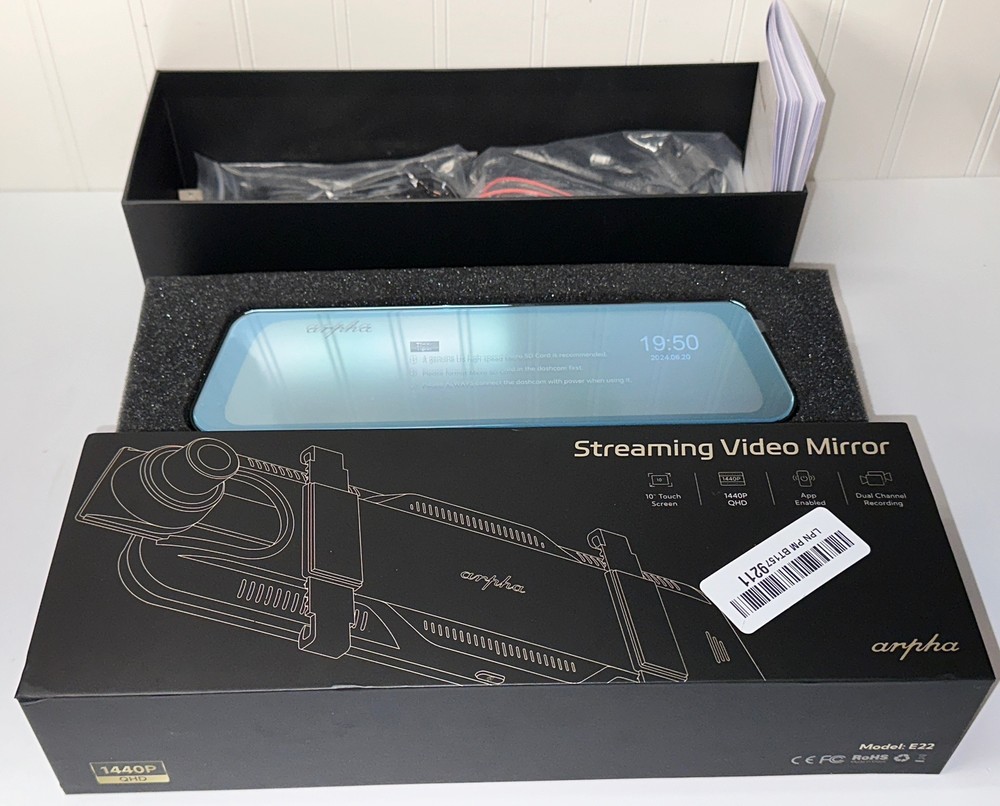 Arpha E22 Touch Screen Mirror Dash Cam w/Real Time Video Streaming - 10” NEW