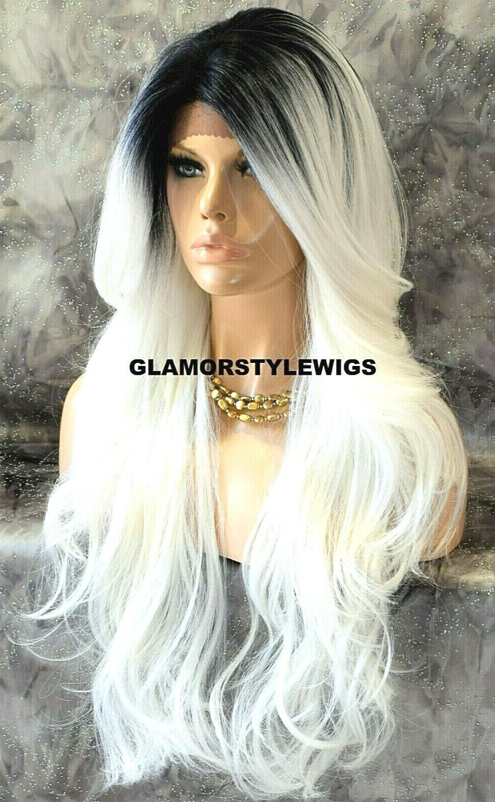 LACE FRONT FULL WIG LONG WAVY LAYERED OMBRE OFF BLACK WHITE MIX HEAT OK NWT