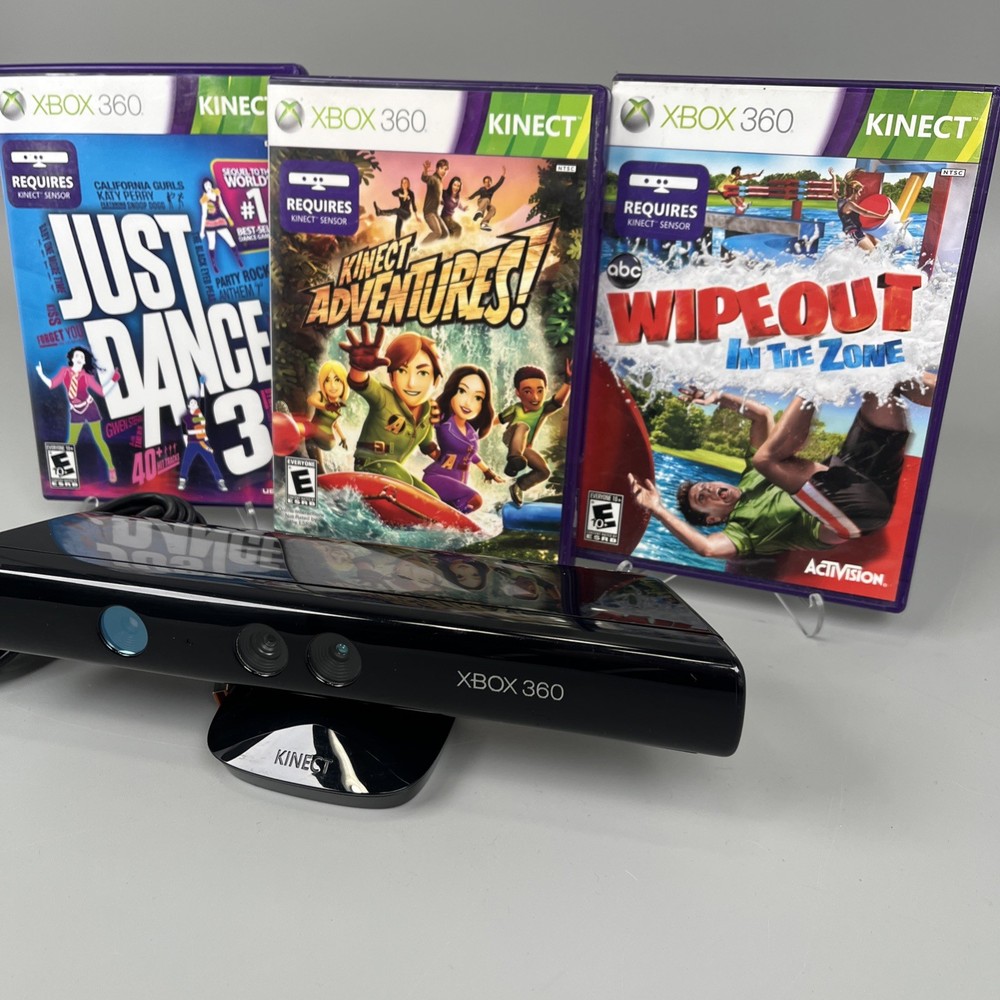Xbox 360 Kinect Sensor 3 Game Bundle Adventures Wipeout & Just Dance 3 TESTED