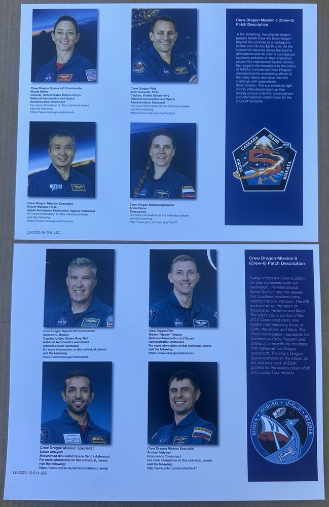SpaceX Crew-5 & Crew-6 Signed Official NASA lithos