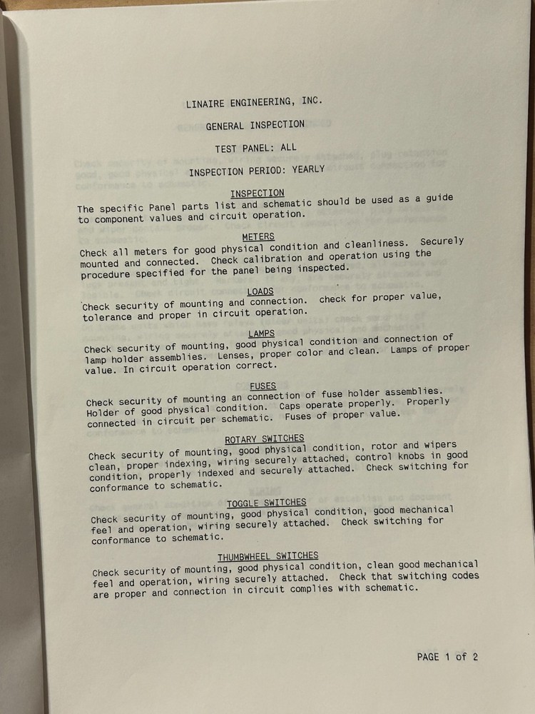 LINAIRE ENGINEERING LSX 4 TEST PANEL MANUAL