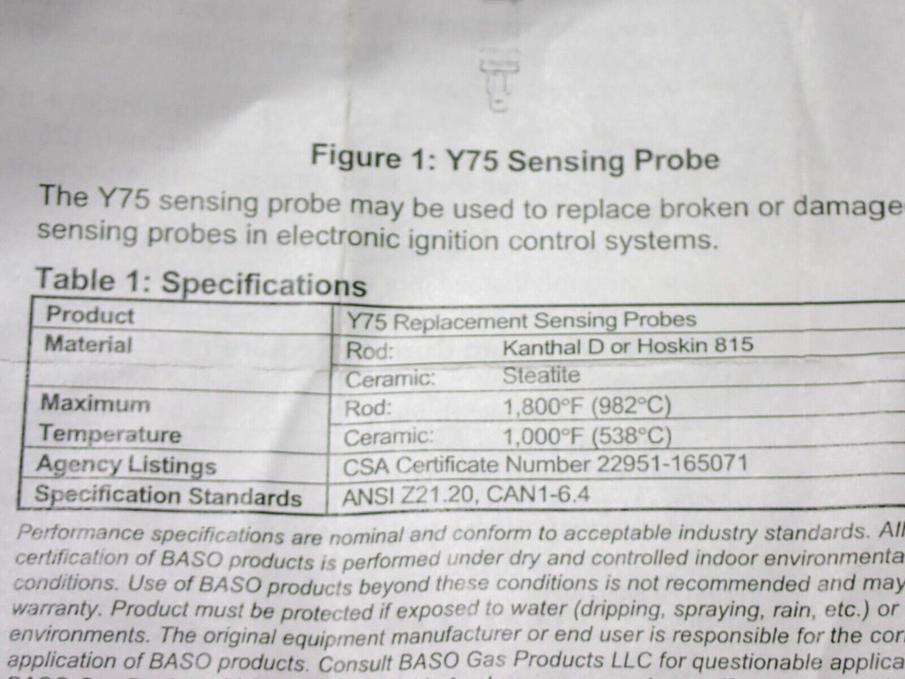 Y75AS-2 BASO SENSING PROBE FLAME SENSOR NEW