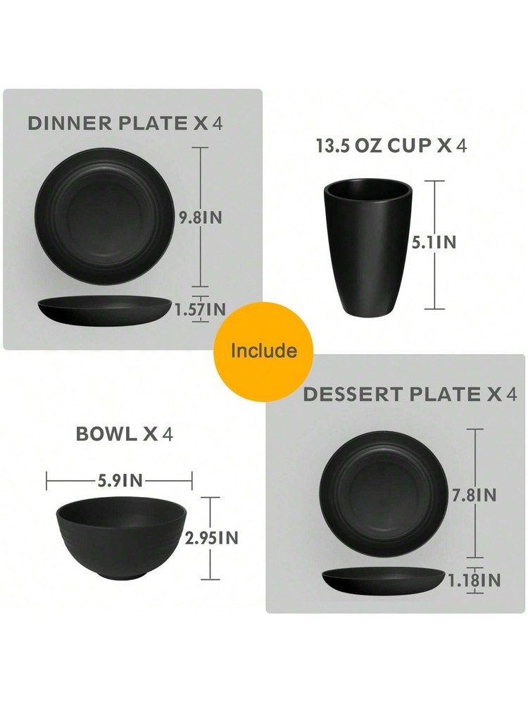 16 Piece Dinnerware Set, Kitchen Wheat Straw Dinnerware Set, Black, Serves 4